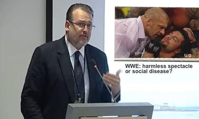 Pro wrestling “glorifies bullying and violence,” reports sissy who deserves ass-whuppin’