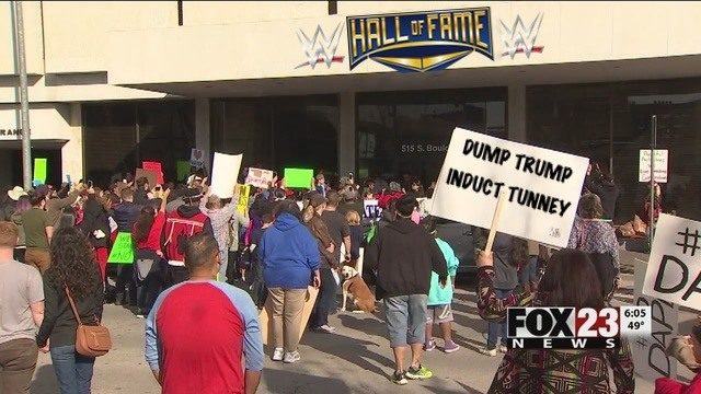 Thousands of Trump protesters march to WWE Hall of Fame