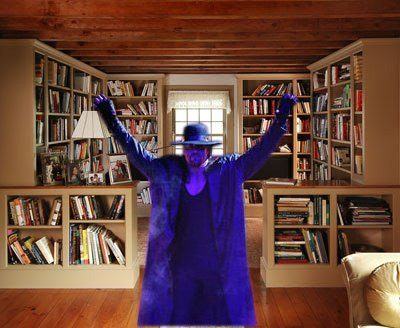 Undertaker adjusts brightness of reading lamp by ominously raising arms