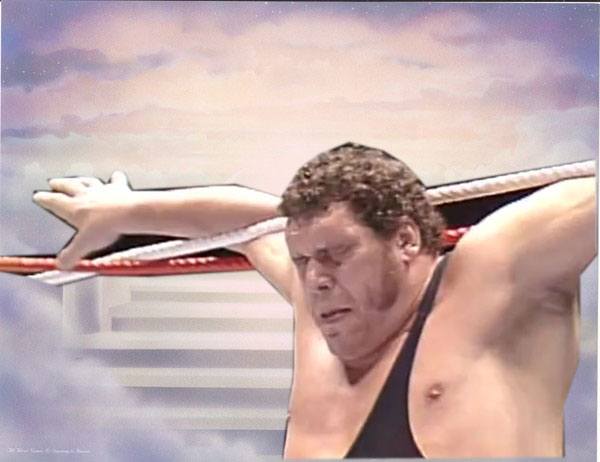 Andre the Giant tied up in heaven’s ropes for eternal rest hold