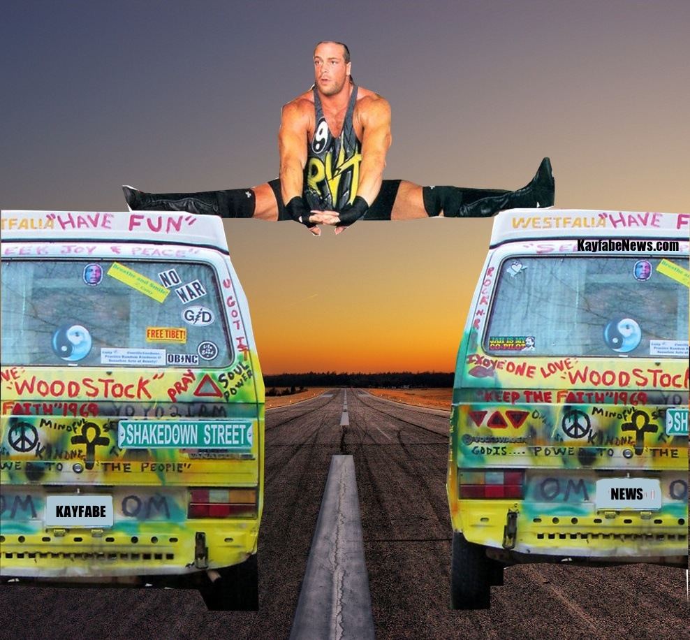 Rob Van Dam does epic splits between two weed vans