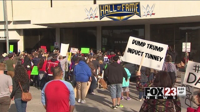 Thousands of Trump protesters march to WWE Hall of Fame