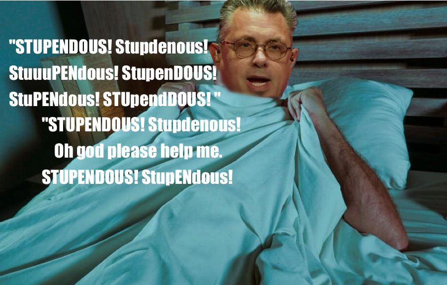 Michael Cole wakes himself up again screaming — sobbing, really — the word “stupendous”
