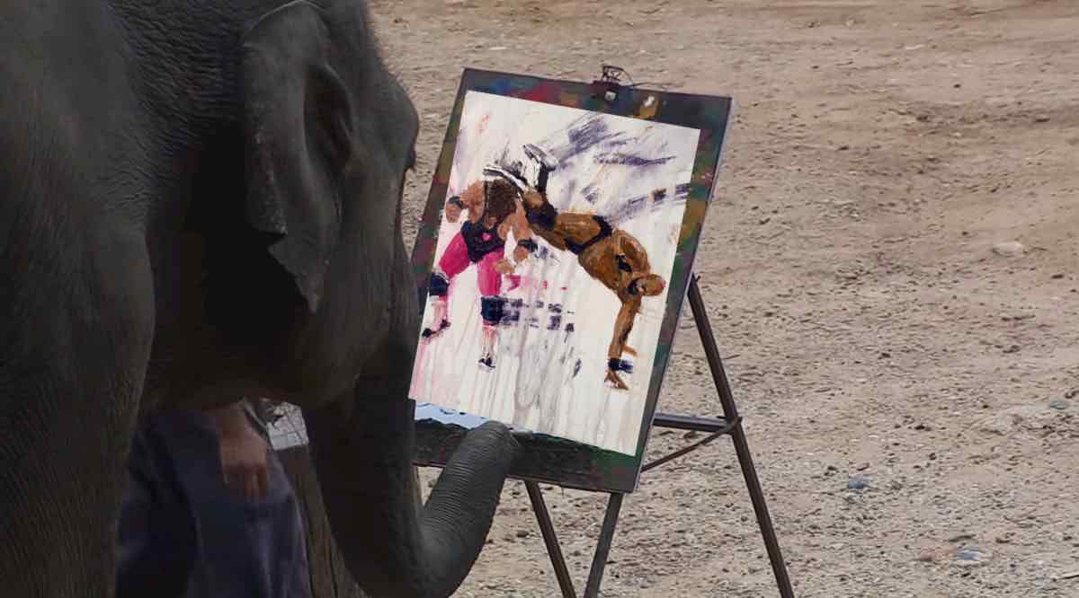 Extraordinary elephant paints great moments in wrestling history